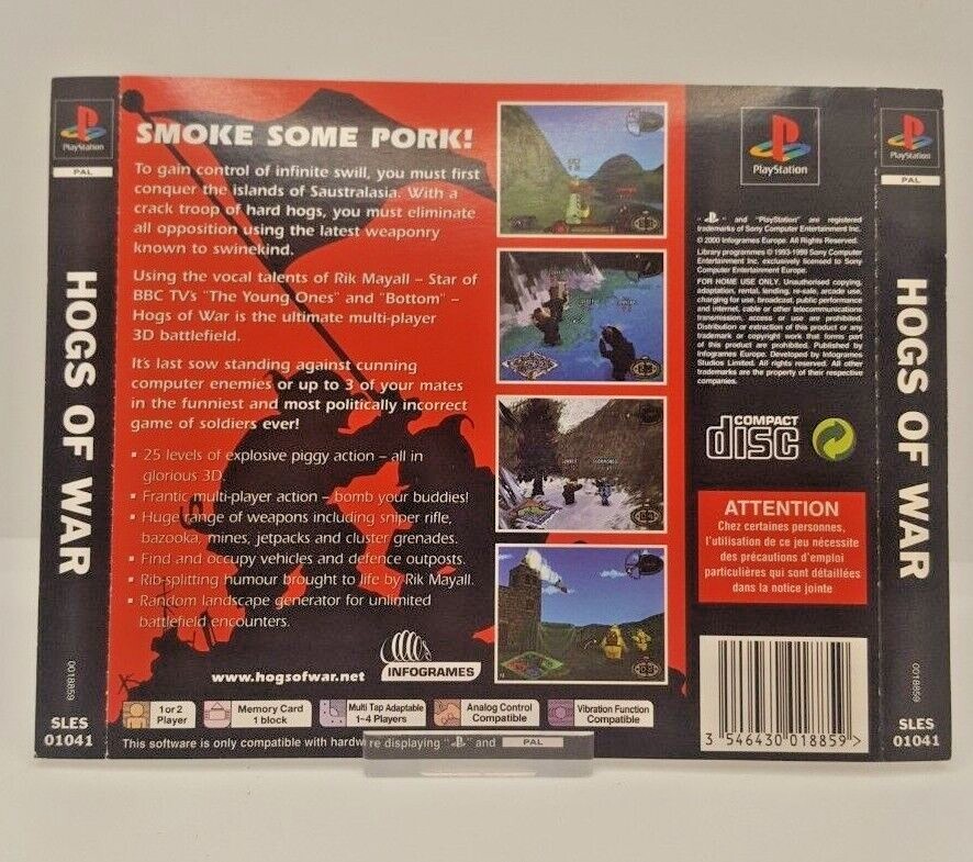 Hogs Of War Copertina Frontale E Inserti PAL Versione EU Per Custodia, Nuovo