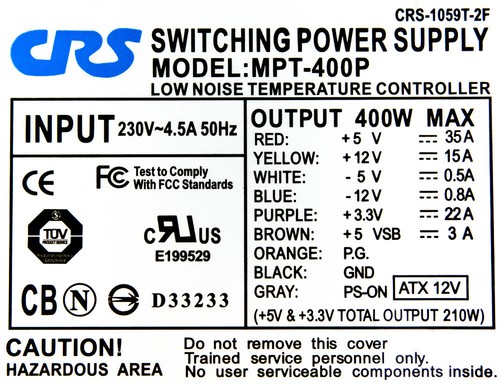 Alimentation CRS MPT-400P 400W CRS-1059T-2F ATX 20-PIN MOLEX AUX FDD - Photo 3/3