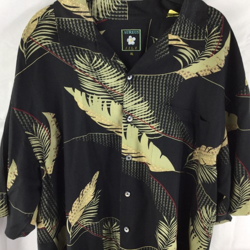 Camicia di seta Aureus uomo XL nera marrone chiaro disegno foglia camicia hawaiana Aloha SS - Foto 2 di 8