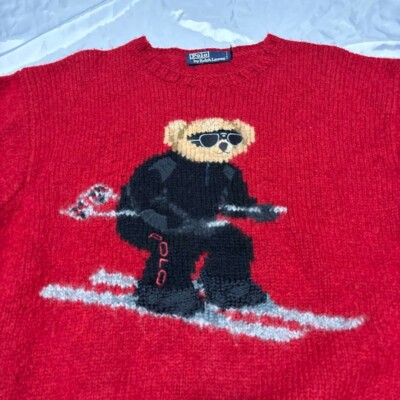 POLO RALPH LAUREN / ポロベア/スキー/HAND KNIT/M/ウール/RED Ralph Lauren Polo Vintage Bear Red Ski Bear Hand Knit Sweater M