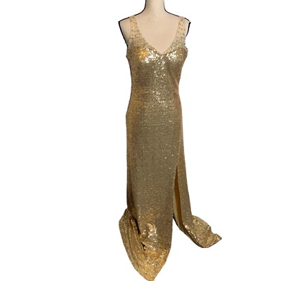 Dancing Queen Long Gown Dress Large Gold Sequin Sparkly V Neck Side Slit  Lined