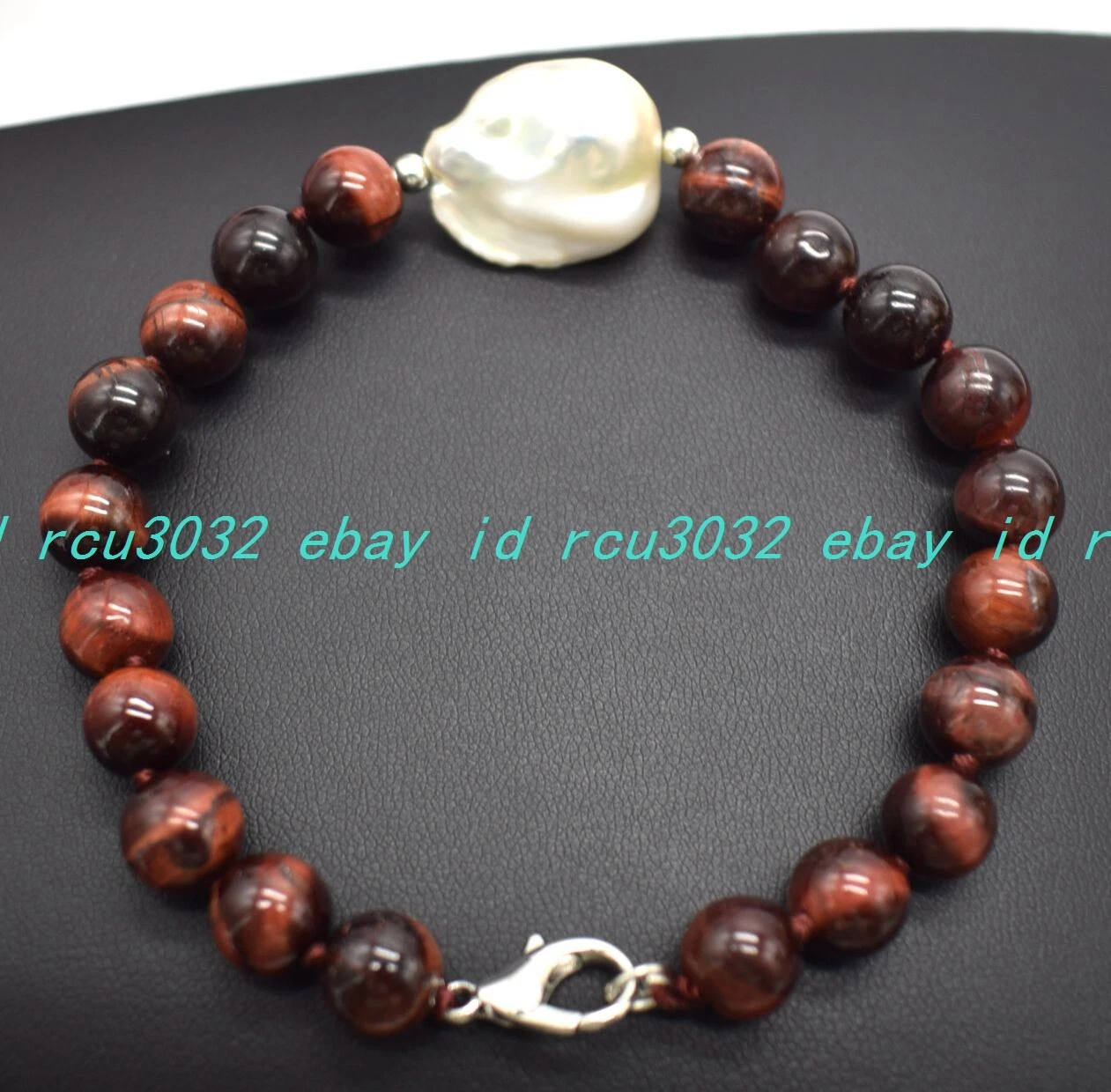 VALENTINO Bracciale Pietra Preziosa 8 12 mm Occhio di Tigre Rosso Perla Barocca Bianca 7 5 pollici