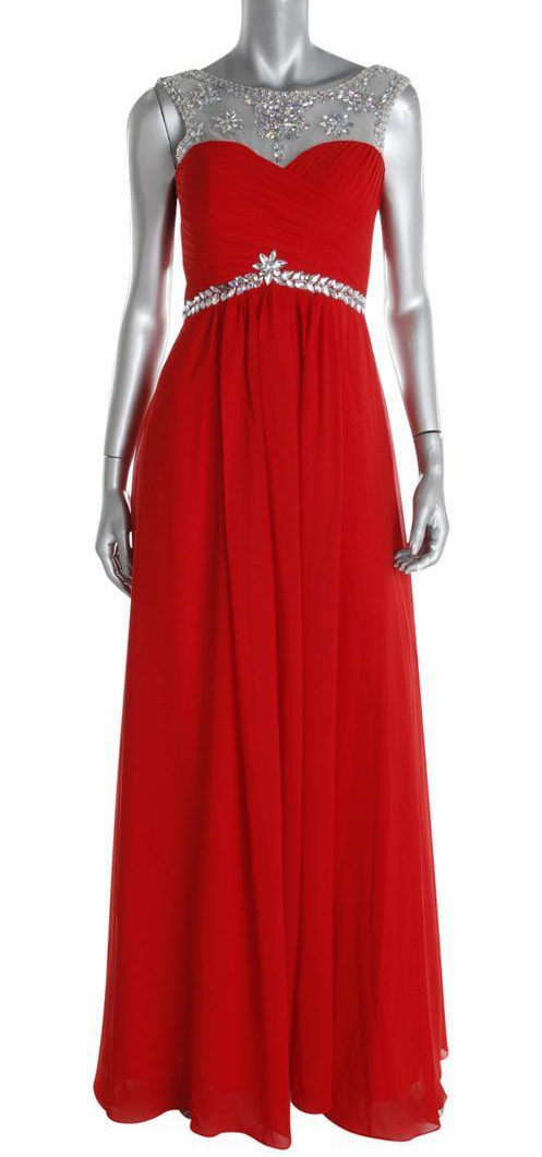Missydress ~Red Chiffon Embellished Illusion Yoke Cutout Back