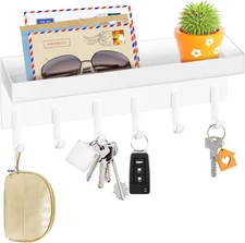 Key Holder Wall Mount, Compact Adhesive Key Rack with Tray, 6 Hooks, 2 Mount Opt