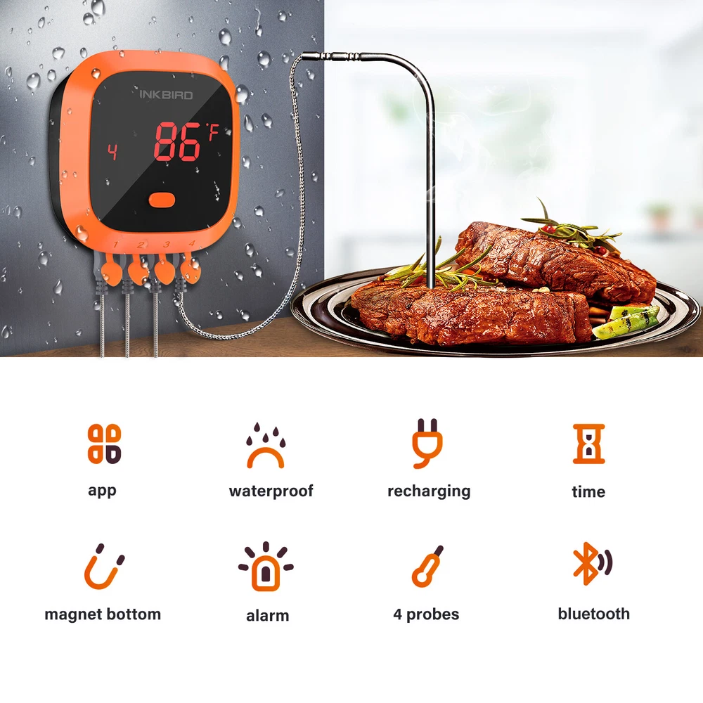 Inkbird Meat Thermometer Wireless Probe Rechargeable Bluetooth BBQ Measure 4XC