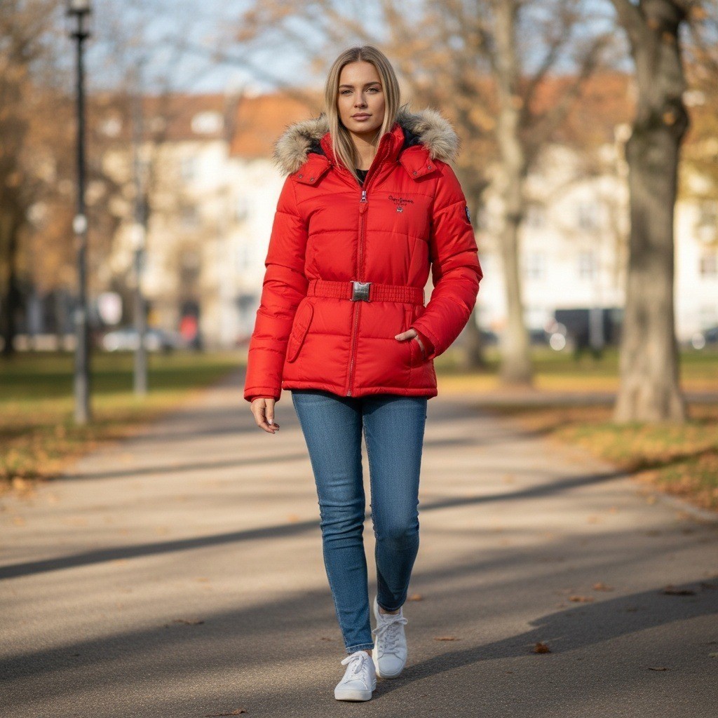 Pepe Jeans, Vintage Pepe Jeans Women's Red Puffer Ski Jacket Fur Hood Belted Size M NEW