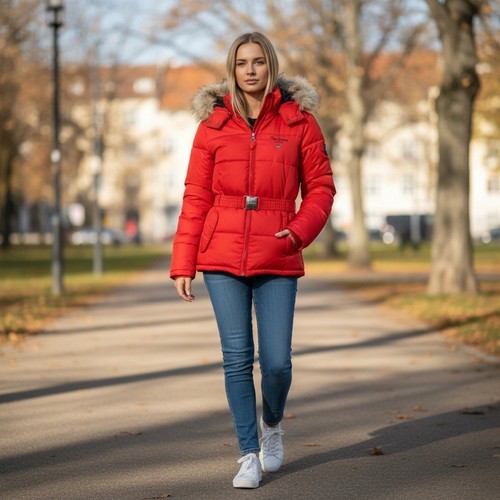 Pepe Jeans, Vintage Pepe Jeans Women's Red Puffer Ski Jacket Fur Hood Belted Size M NEW