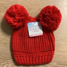 BABY RED RIBBED KNITTED BOBBLE HAT POM POM GIRLS BOYS WARM WINTER 12-24 MONTHS
