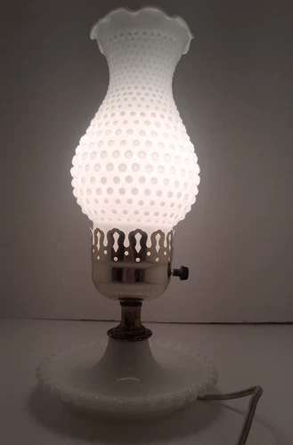 Vintage White Hobnail Milk Glass  Hurricane Table Lamp Late 19-Mid 20 Century
