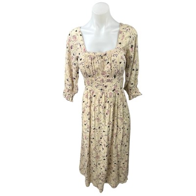 ba&sh Maya Beige Floral Print Square Neck 3/4 Sleeve Button Midi A-Line Dress S