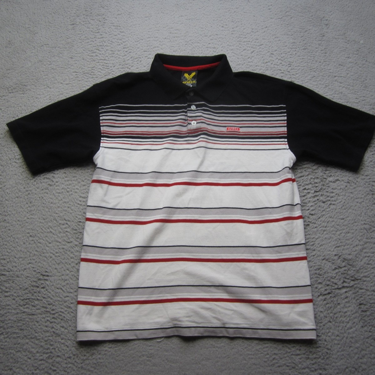 Avirex Polo Shirt Mens Large Black Striped Short Sleeve Cotton 