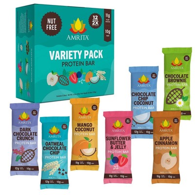 Amrita Nut Free 6 Flavor Variety Pack Vegan Protein Bars (12 CT) | 11g to 12g