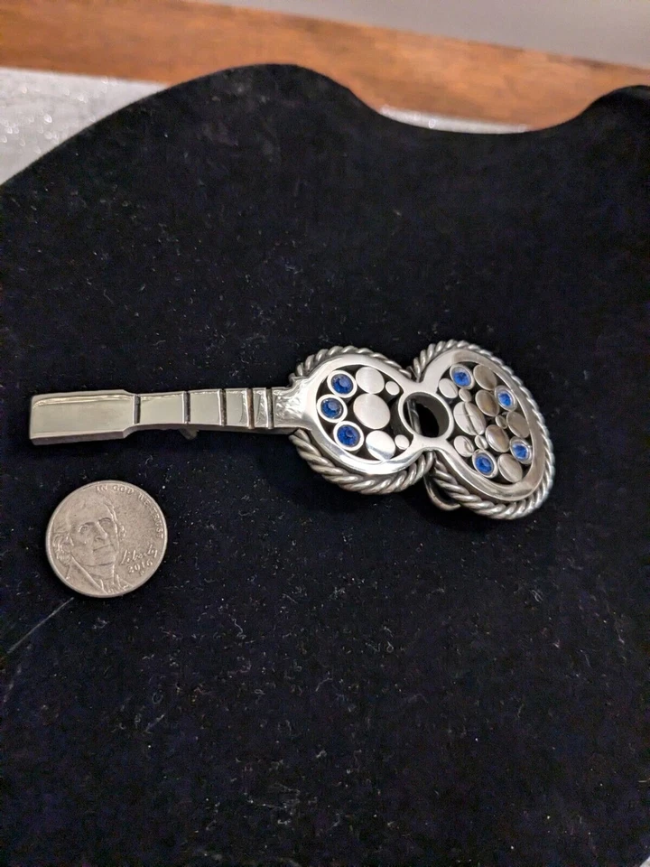 Fivela de cinto de guitarra de aço vintage anos 70 strass azul polido aço inoxidável solda retrô - Imagem 3 de 4