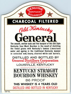 1930s-40s Charcoal Filtered Old Kentucky General Bourbon Bottle Label F224