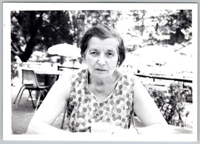 Vtg B&W Snapshot Elderly Woman Sleeveless Polka Dot Dress In Cafe Garden 1950s