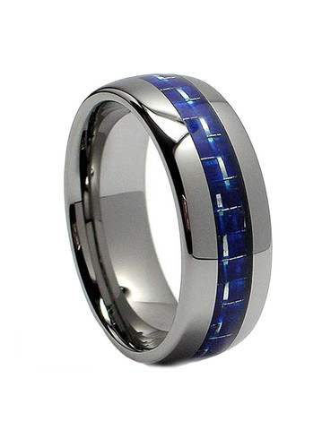 8MM Dome Tungsten Carbide Ring Wedding Band W/ Blue Carbon Fiber Inlay