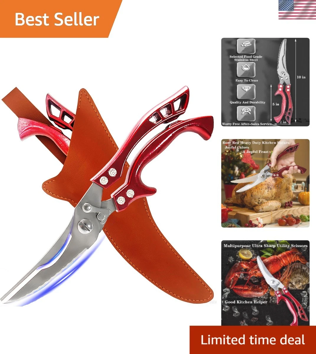 Versatile Heavy-Duty Kitchen Scissors - Non-Slip Red Handles & Leather Sheath
Opens in a new window 