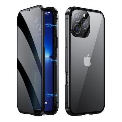 For iPhone 16 Pro Max 15 14 13 Magnetic Metal Privacy Tempered Glass Screen Case