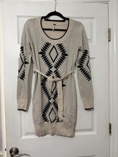 Poof Sweater Dress M Beige Black Aztec Tribal Knit Belted Cotton Blend New
