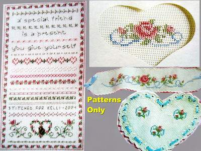 Best Friend Sampler Ribbons Rosebuds Vines Heart Card CROSS STITCH PATTERNS