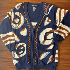 Vintage 90s I.B. Diffusion Geometric Cardigan  Women  s Small Abstract Navy Brown
