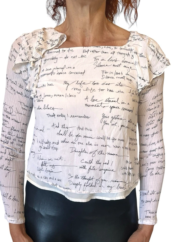 CLUB MONACO  XS  WHITE SCRIPT  WRITING  SILK BLOUSE CROP  TOP TEXTURE RUFFLE - Image 4 of 4