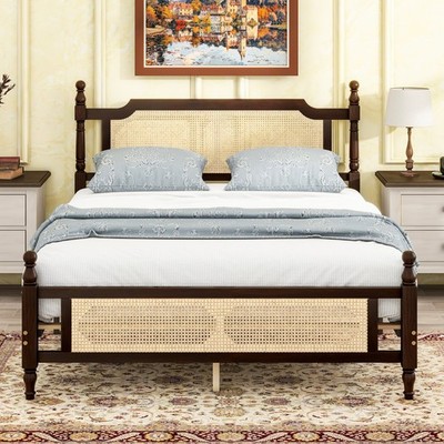 Queen Pine Wooden Bed w/ Rattan Headboard and Footboard