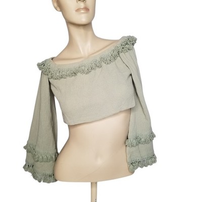 Skylar + Madison Sage Green Tassel Micro Crop Top Off Shoulder Medium Boho 