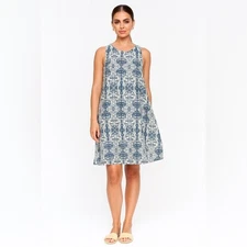 🌿✨ Rachel Zoe 100% Linen Blue Boho Print Sleeveless Dress M ✨🌿