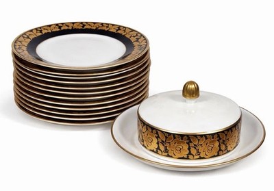 Vintage Weimar Germany Echt Weimar Kobalt Cobalt & Gold Plate Set W/ Dish 13 Pc