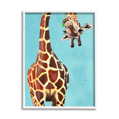 Curious Upside Down Giraffe Chewing Leaves on Blue Background, Design by Coco...