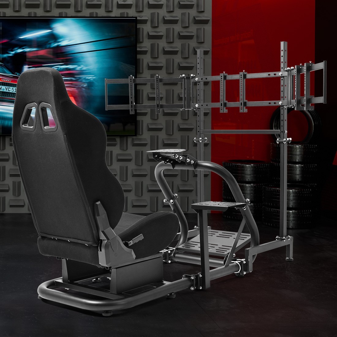 Zootopo Racing Sim Cockpit With Black Seat & Triple TV Stand Fits Thrustmaster