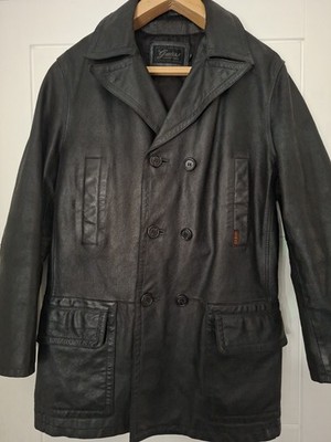 Vintage GUESS schwarze Lederjacke Herren Medium zweireihige Taschen Y2K 90er 