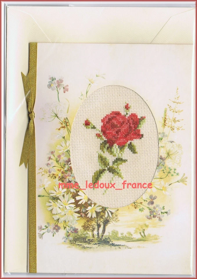 Carte brodée Main Rose Rouge - Lanarte Point Croix + Enveloppe toutes occasions - Photo 1/4