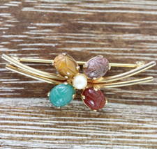 VINTAGE CARVED EGYPTIAN SCARAB GOLD FILLED BROOCH PIN PEARL RETRO PRETTY