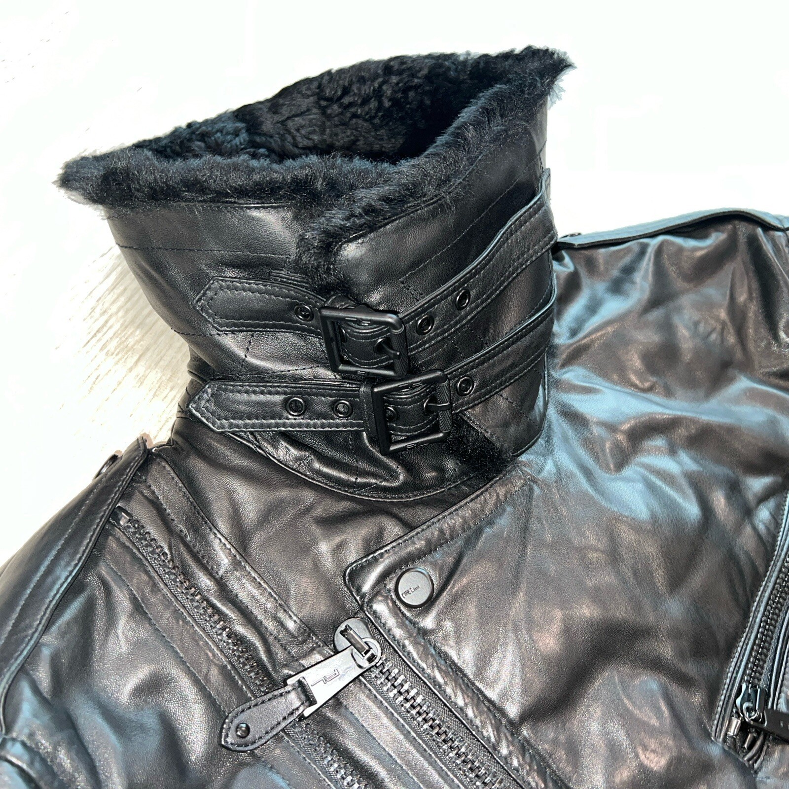Ralph Lauren Black Label Moto Lambskin Leather Shearling Down Bomber Jacket L image 9