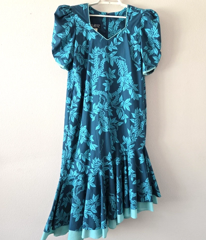 Vestido floral verde herança havaiana vintage 12 tiki assimétrico bainha de babado EUA - Imagem 2 de 4