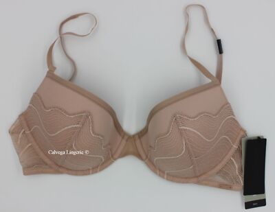 NWT Calvin Klein Blk Label QF6946 ''Graphic'' Plunge Push-up Demi Lace Bra, Beige