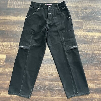 Vintage BOSS IG Y2K Strap Spellout Reflective Baggy Skater Black Jeans 36 34x31