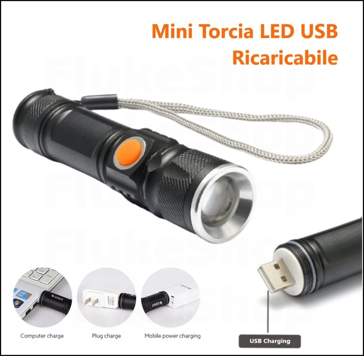 TORCIA LED RICARICABILE USB TASCABILE MINI TATTICA MILITARE LUCE