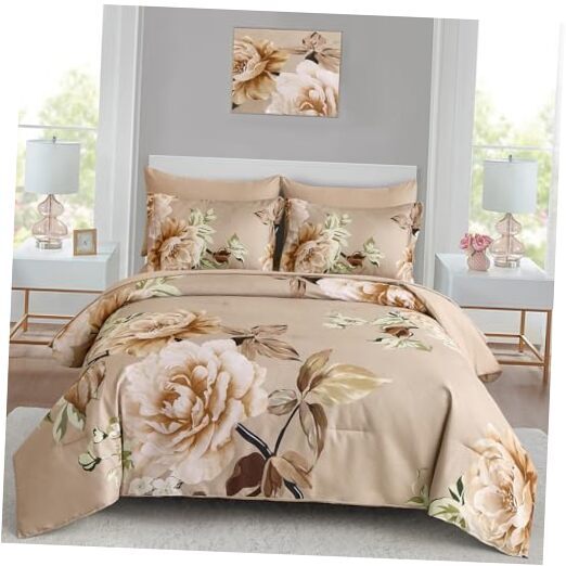 Floral Comforter Set Size 7 Pieces Bed in a Bag Floral Bedding Queen Khaki