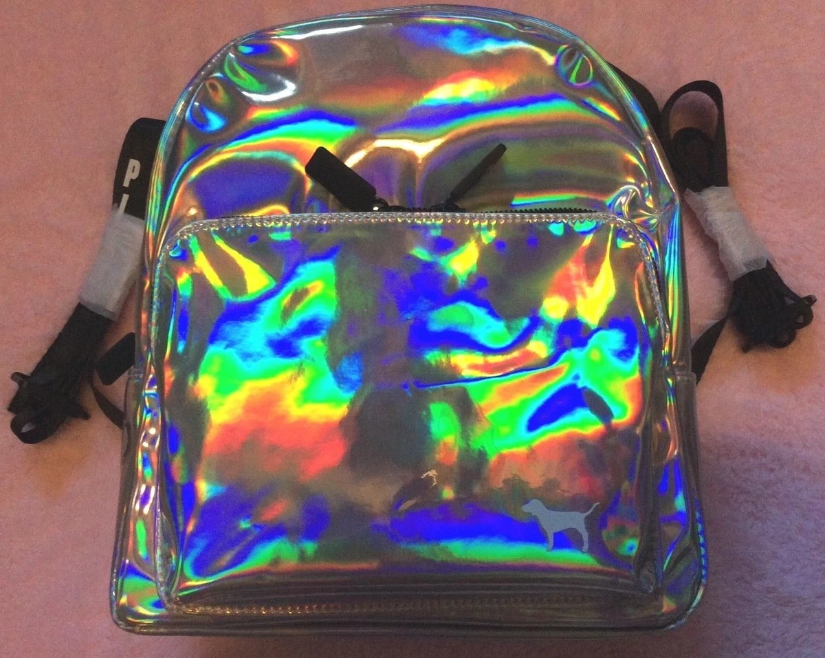 Victoria s Secret Pink Mini Backpack Iridescent Holographic Silver Dog NIP