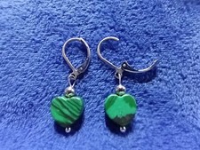 Green Malachite Heart Drop Stainless Steel Leverback Earrings