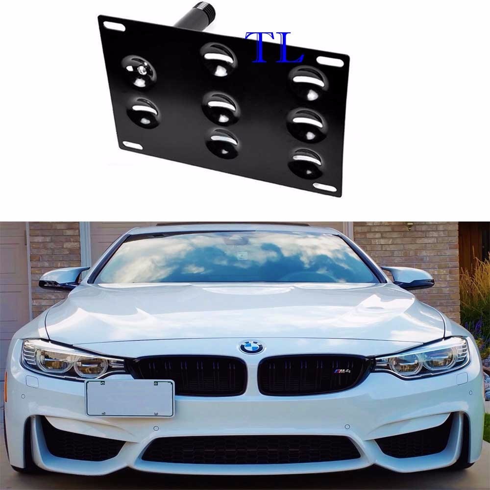 Front Bumper Tow Hook License Plate Mount For BMW 325i 328i 330i 350i M3 - Powder Coated, No-Drill Bracket