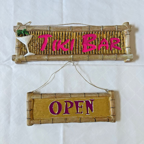 Tiki Bar Sign 17" Reversible Open/Back in 5 VTG Hand Painted Resin Aloha Luau