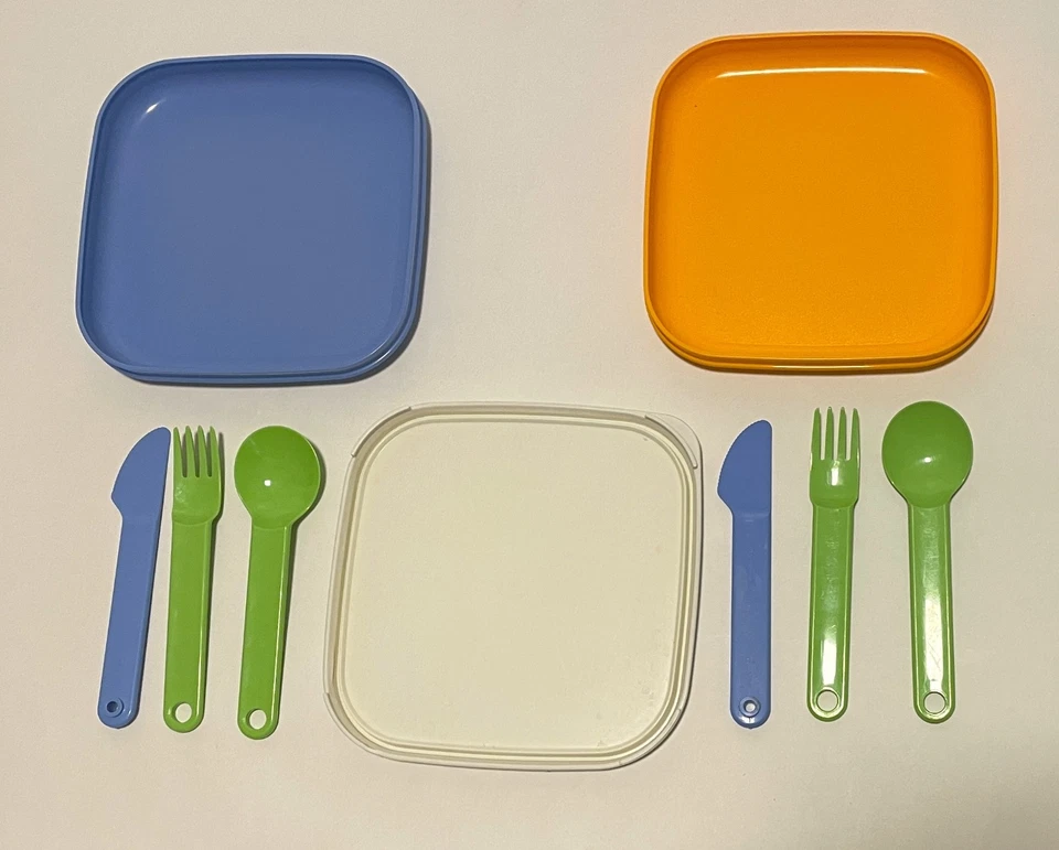 Picknick Set TUPPERWARE Teller Besteck Deckel 2er Set to Go Blau Orange Grün - Bild 2 von 4