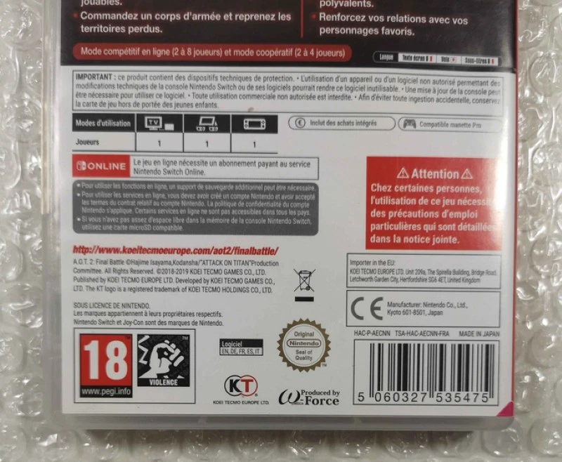 ATTACK ON TITAN 2 FINAL BATTLE SWITCH FR OCCASION (GAME IN ENGLISH/FRANCAIS/DE/E, photo 3 sur 5