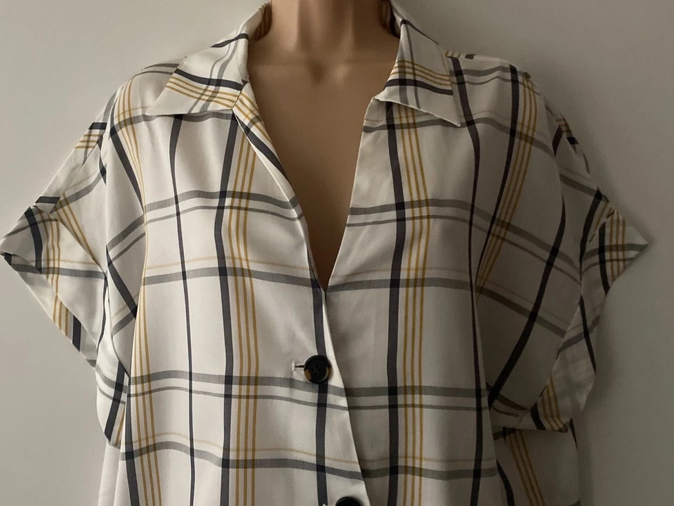 JIGSAW Blouse Sz 16 Button Up Plaid Short Sleeved Shirt Top Women - Image 2 of 4