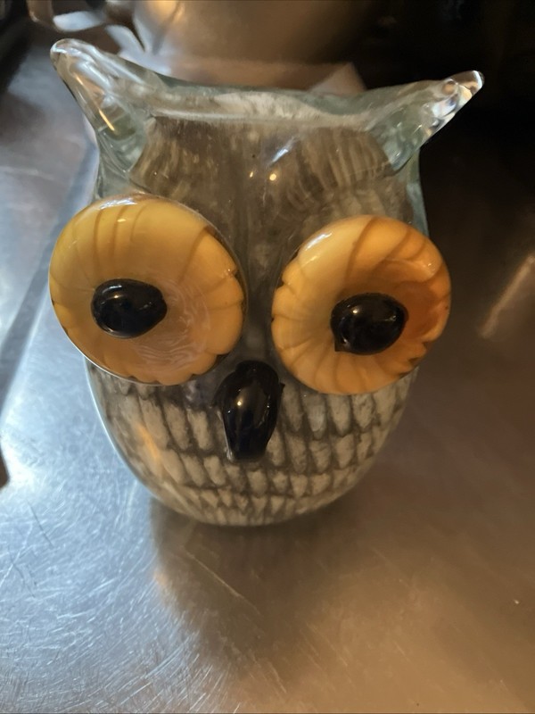Murano Style Vintage Hand Blown Yellow Eyes Glass Owl Paperweight Figurine 5”