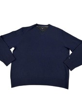 Tommy Hilfiger Sweater Mens XL Blue Merino Wool V Neck Logo Knit Pullover